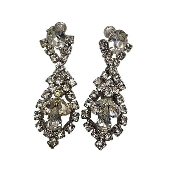 Vintage 60s-70s Crystal Statement Dangle Drop Earrings Silver Tone Post Back - Picture 1 of 2